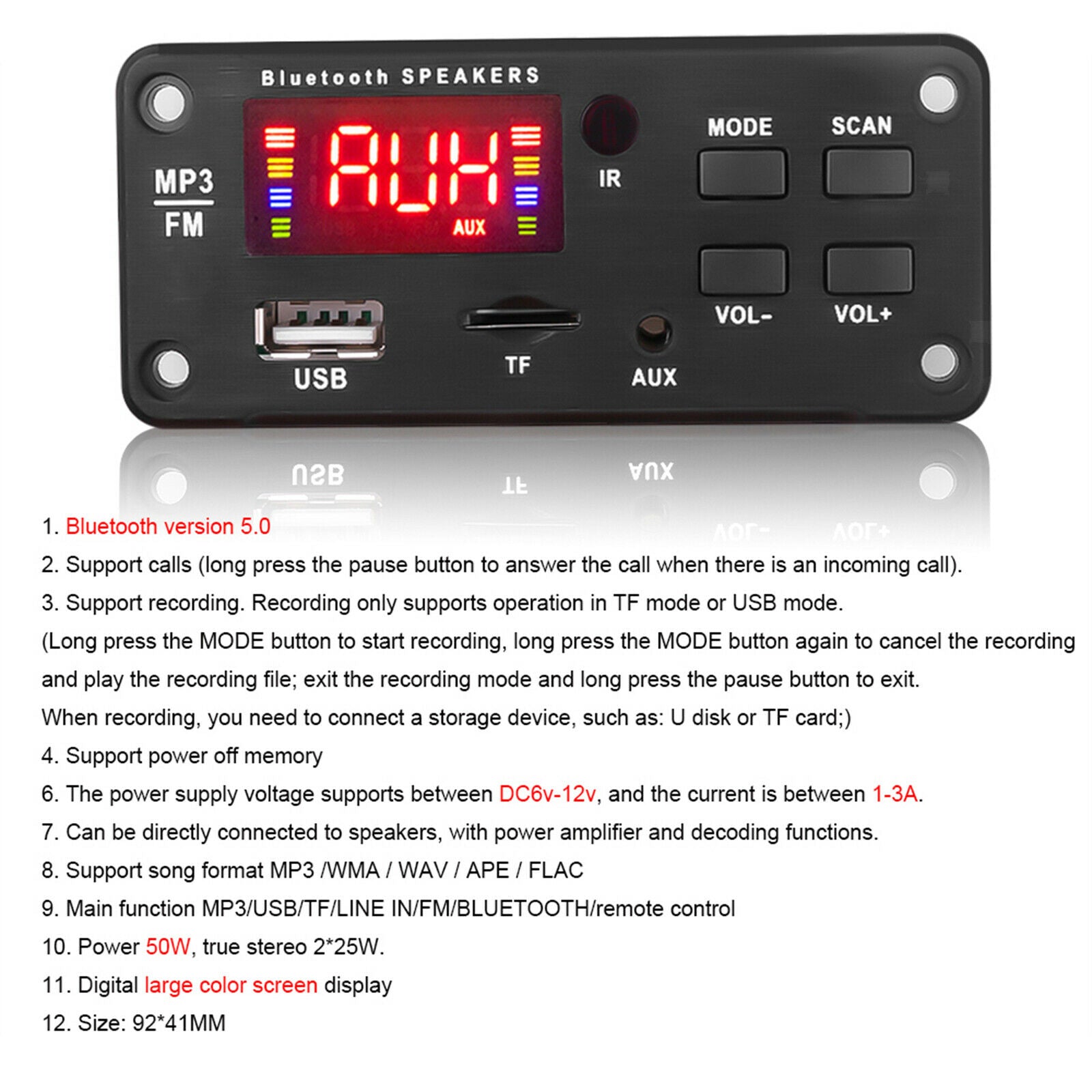 MP3 Player Decoder Board LED Display Red Digital Support FM USB AUX TF 7-18V
