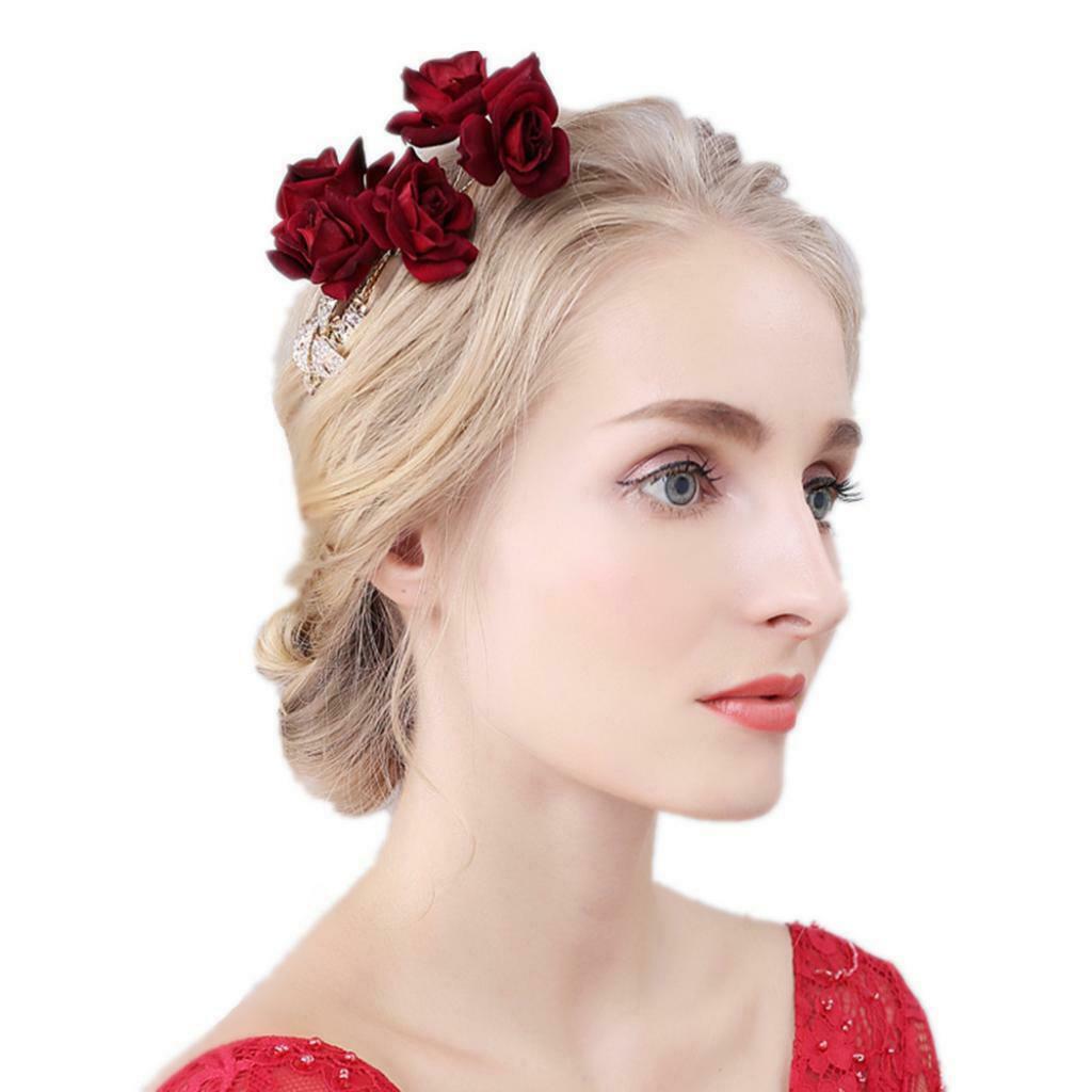 15x7cm Red Cloth Rose Wedding Hair Pins for Brides with Bling Rhinestones