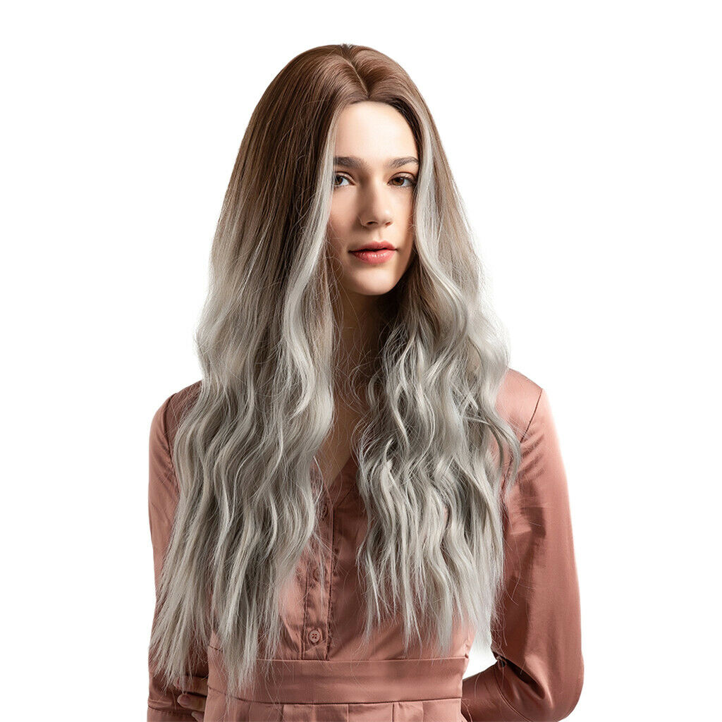 Ombre Brown Gray Long Curly Wavy Full Wigs Women Ladies Synthetic Hair 26"ï¼Œ
