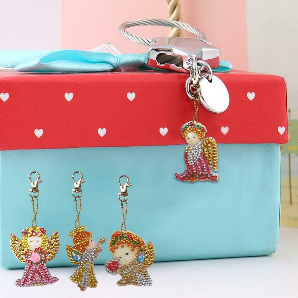4pcs DIY Full Drill Diamond Paintng Special Shape Girl Angle Style Keychain @