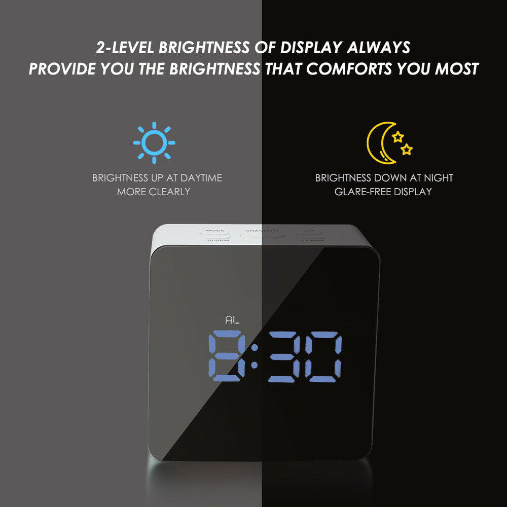 USB LED Digital Alarm Clock Night Light Thermometer Display Mirror Lamp