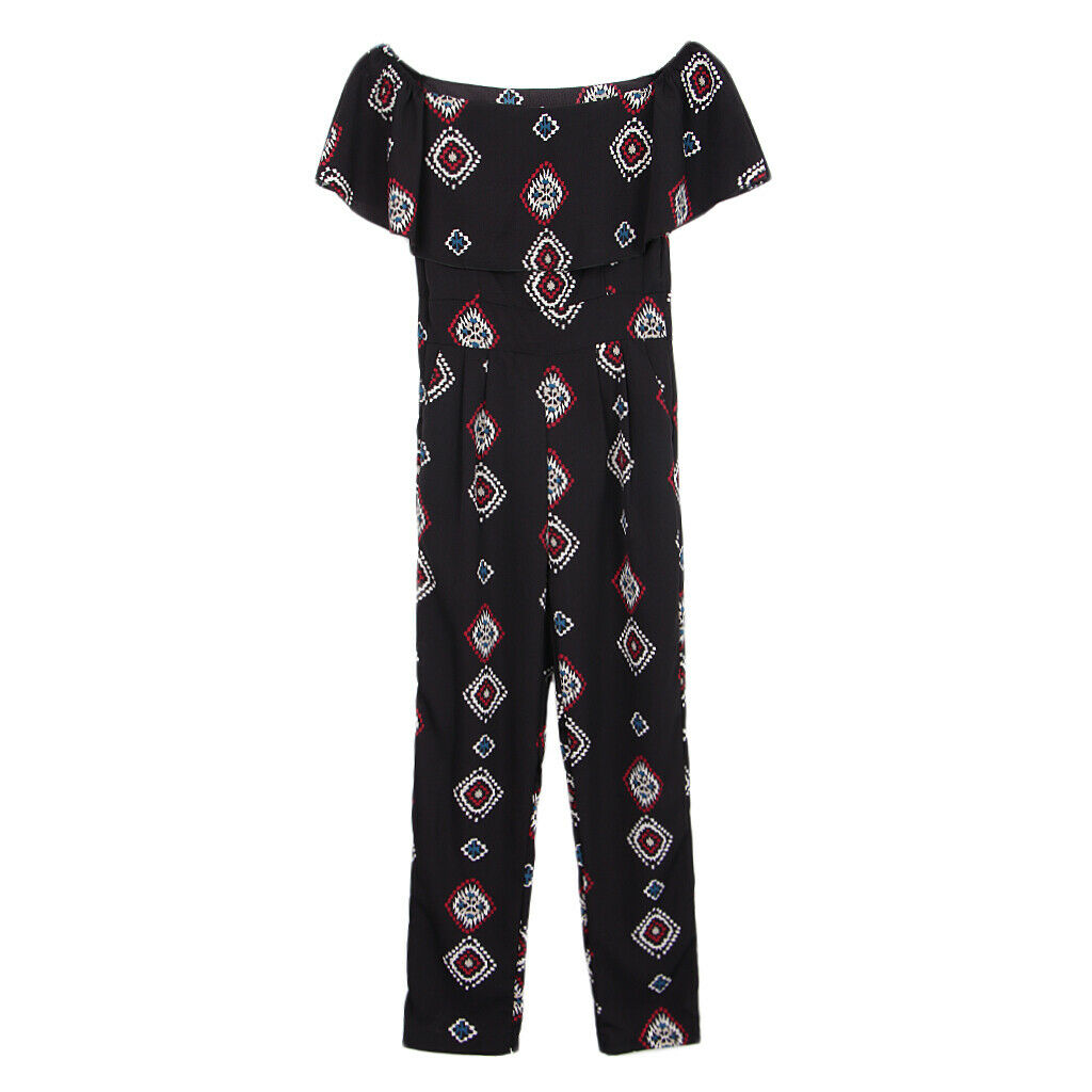 Off the Shoulder Ruffled Chiffon Jumpsuit High Waisted Wide Leg Pants Romper S