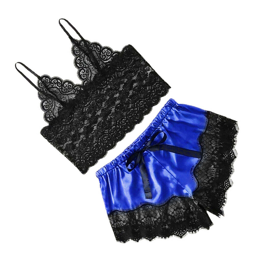 Women Pajama Nightwear Lace Trim Floral Bralette Top & Shorts Royal Blue XXL