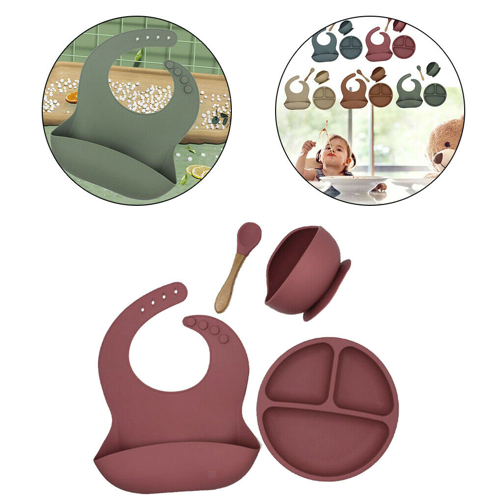 4pcs Baby Supplies with Plate Spoons Bib and Bowl Easily Wipe Clean Rose