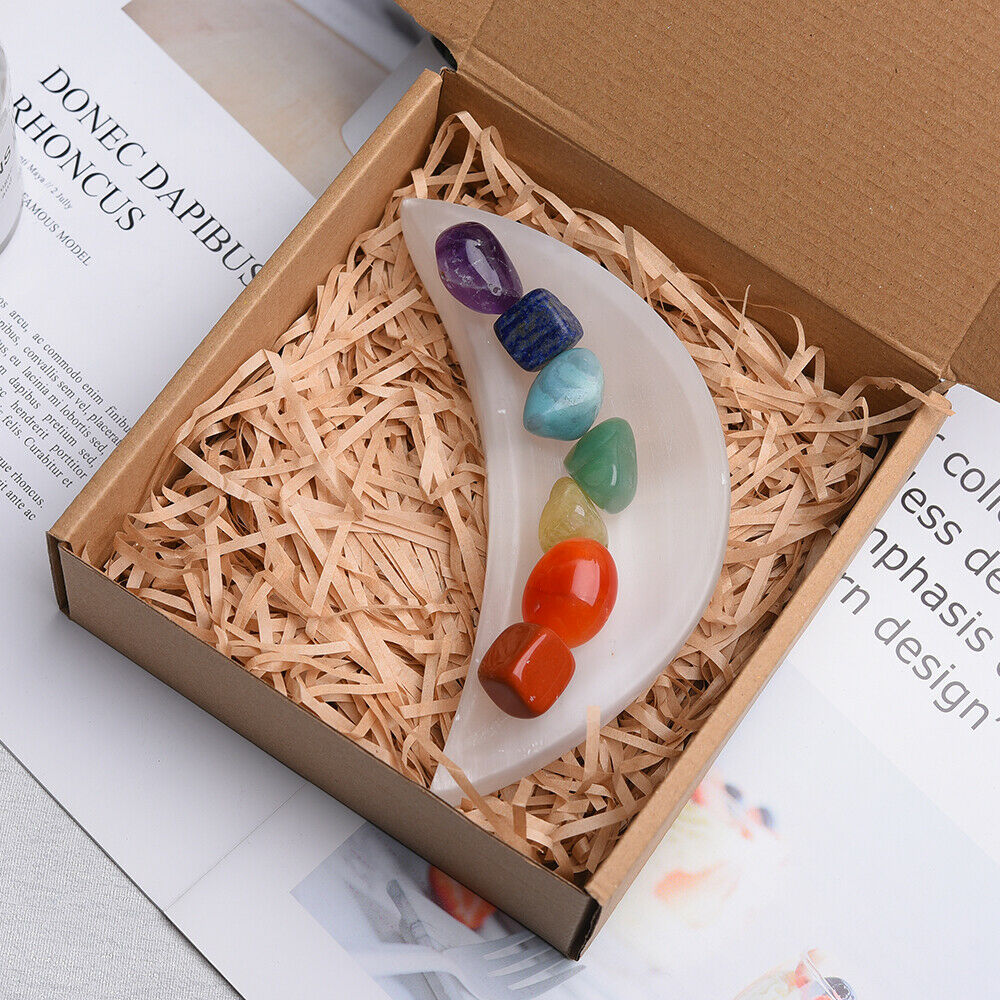 Selenite Moon Bowl With Chakra Stones Charging Crystal Bowl Ritual Reiki Gift