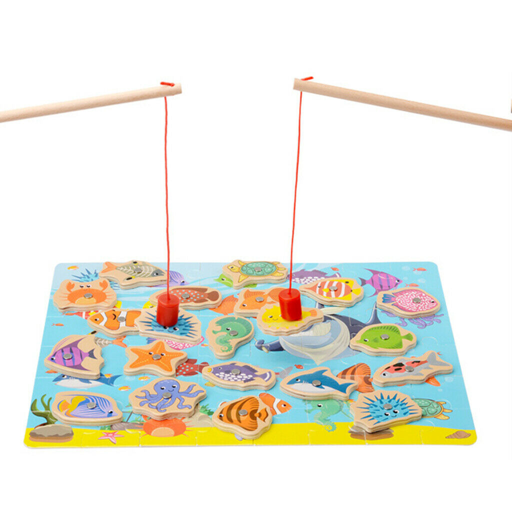 Wooden Marine Animal Puzzle Board Fish Board  Fishing Game Toys