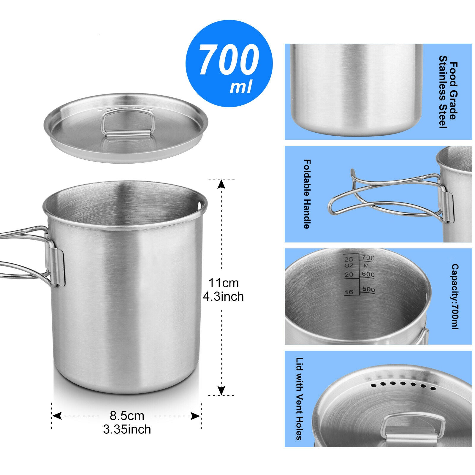 2X Outdoor Pot Camping Hiking 1000ml Stainless Steel Bottle 750ml Bowl Coffee