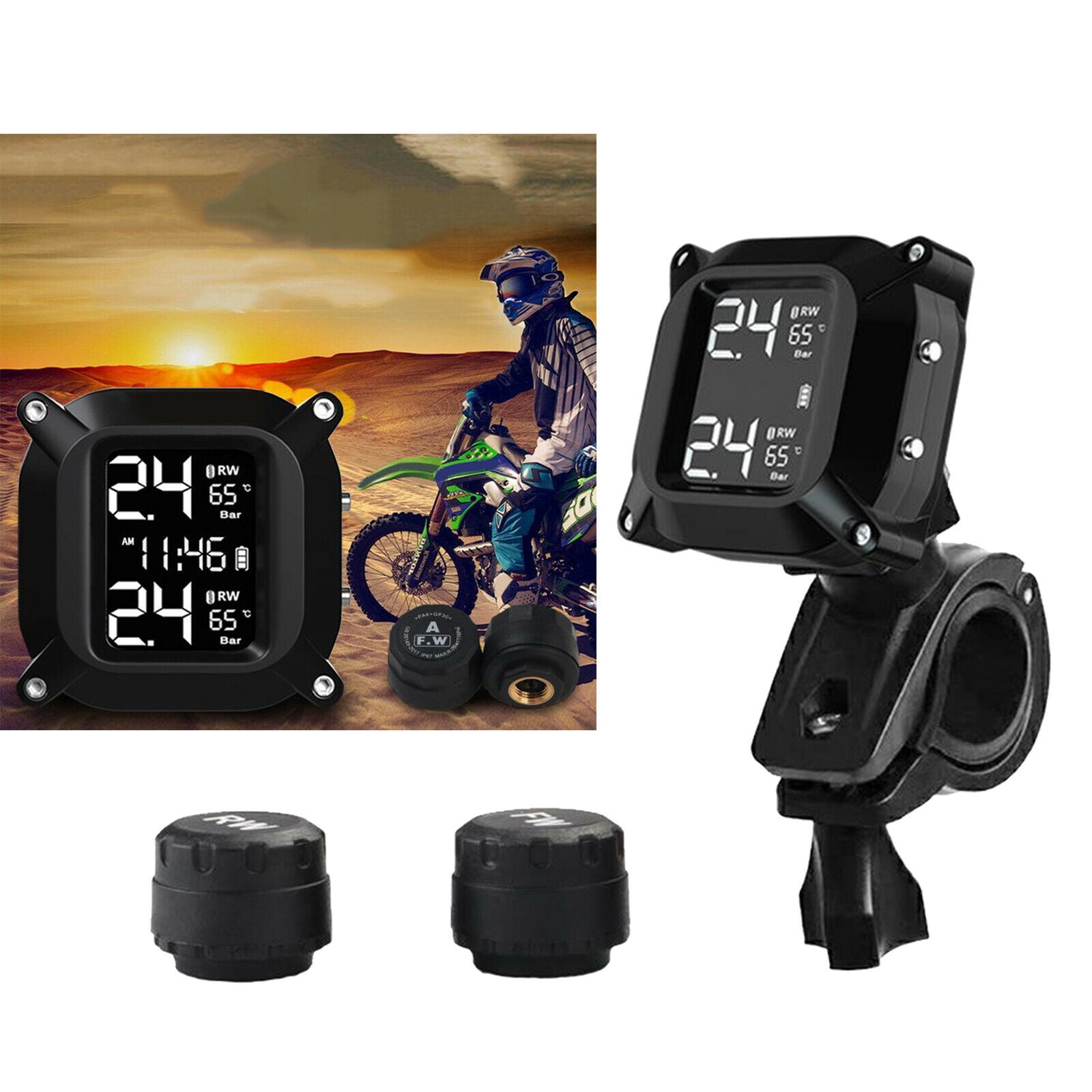 Tire pressure monitoring system with 2 Tmps sensor for motorcycle campers