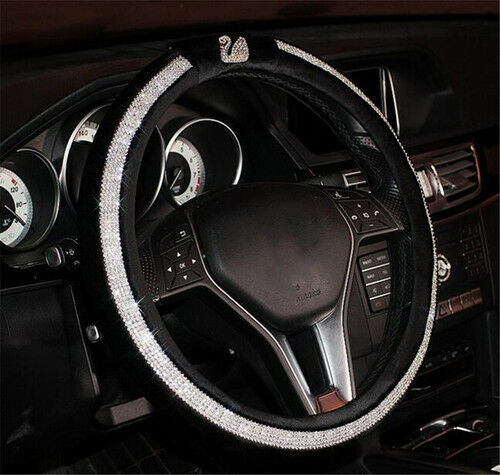 Luxury Lady Shiny Swan Rhinestone Black Leather Car Steering Wheel Cover 15"38cm