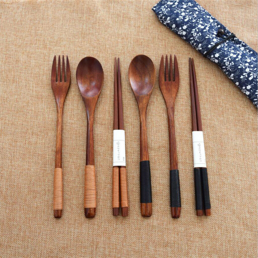Portable Travel Camping Compact Utensil Set Wood Spoon Fork Chopstick Black