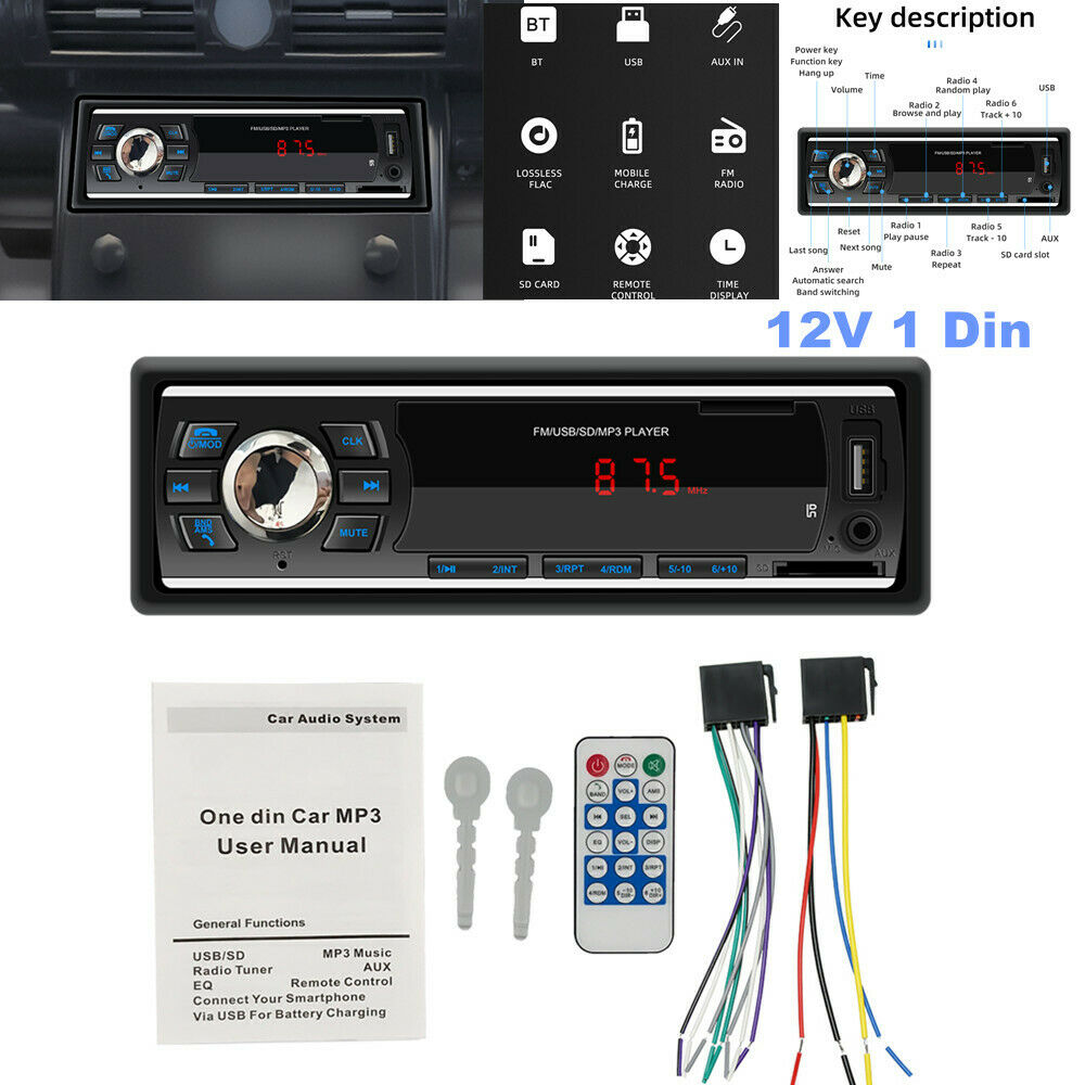 12V 1 Din Universal Car Bluetooth MP3 Player Supports TF Card U Disk FM Radio