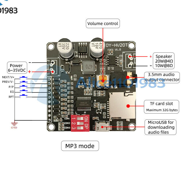 12V/24V Power Supply 10W/20W Voice Playback Module supporting Micro SD Card