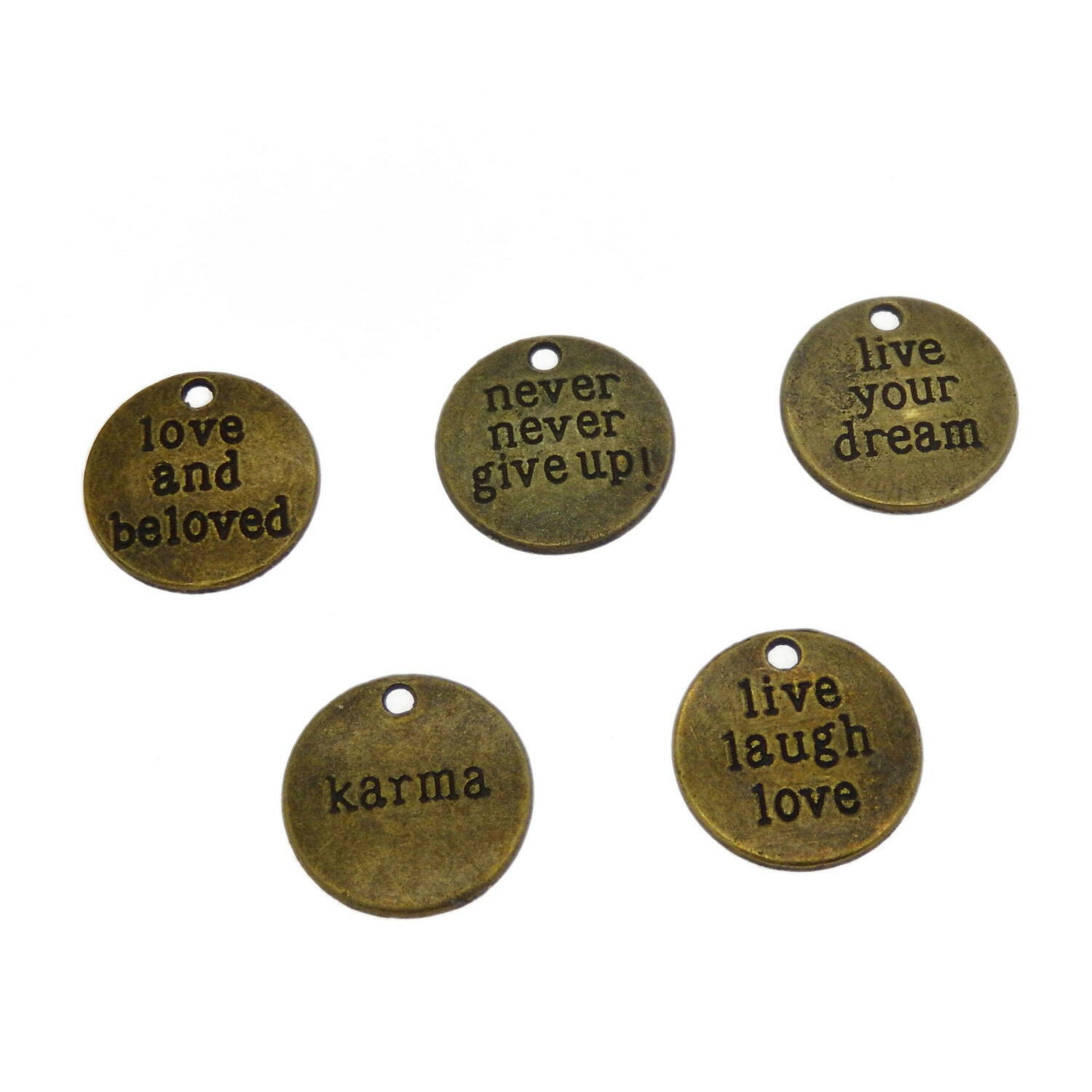 Lot of 5 Mix Antiqued Bronze Metal Alloy Engraved Round Tags Charms Pendants