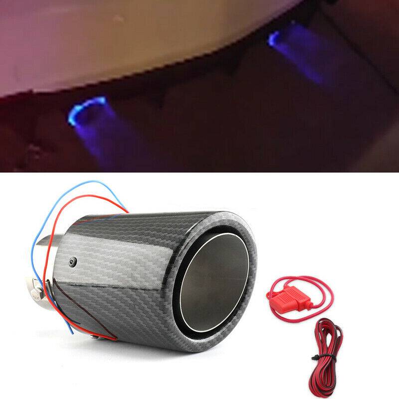 63mm 2.5" Inlet Car Muffler Carbon Fiber Style Exhaust Tip Pipe Blue LED Light