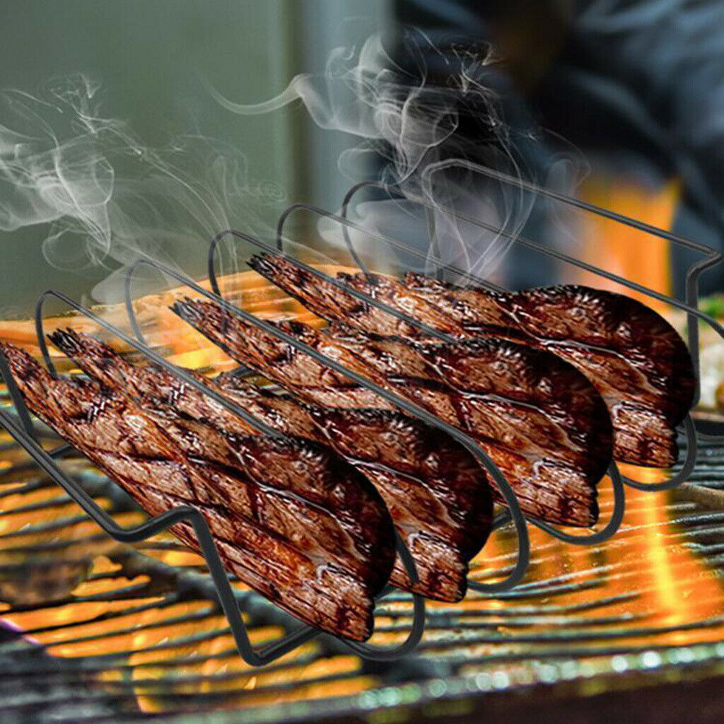 Iron Non-Stick Rib Shelf Holds 4 Ribs for Grilling Barbecuing Chicken Beef