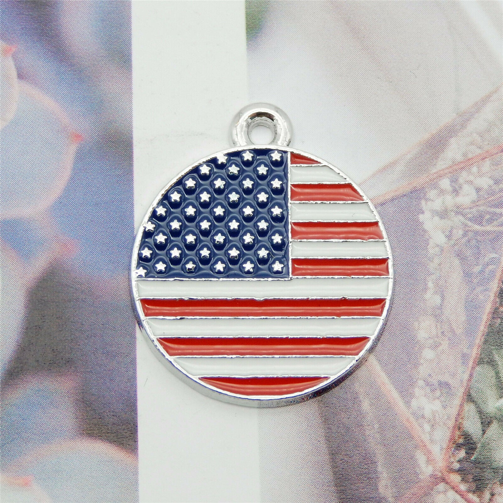 8 pcs US Flag Charm Enamel Round Tag Pendant Keychain Making Alloy Crafts 23mm