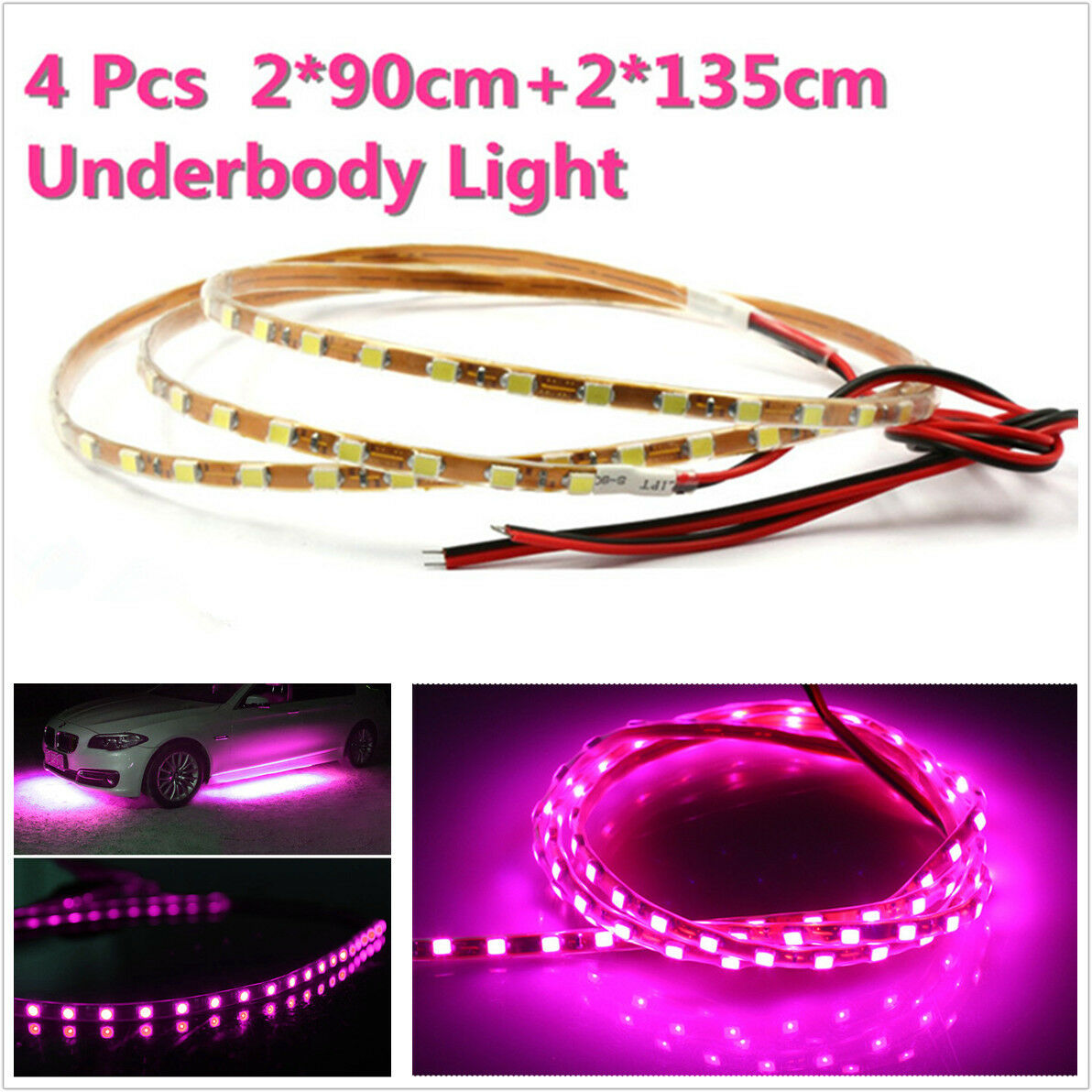 4Pcs 90cm+135cm Pink Purple LED Strips Under Car Underglow Underbody Neon Light
