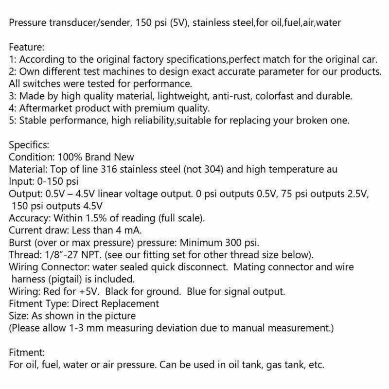 Pressure transducer/sender, 150 psi (5V)stainless steel,Fits oil fuel air,water'