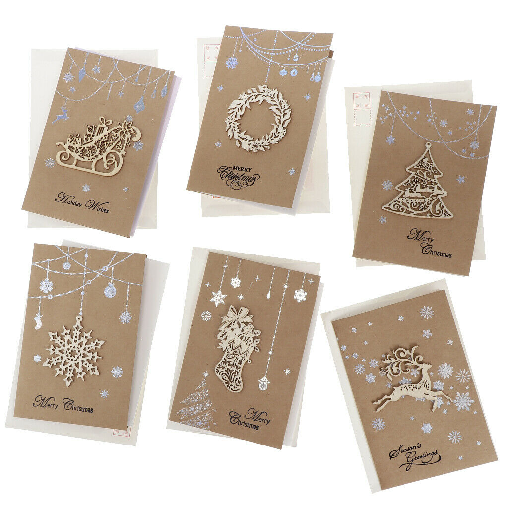 6 Pieces Brown Xmas Tree Wreath Craft Merry Christmas Greeting Cards with