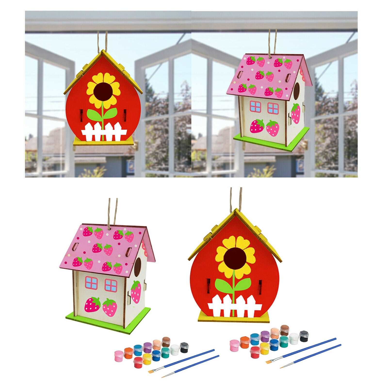 2Pieces DIY Bird House Children Hand Unpainted Build Paint Wooden Birdhouse