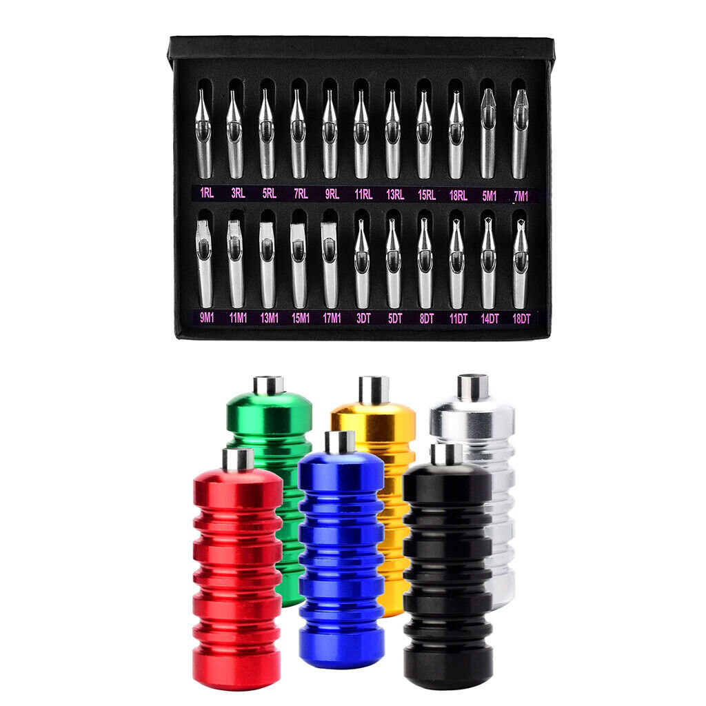 22Pcs Stainless Steel Tattoo Nozzles Tips + 6Pcs Aluminum Ribbed Grips Set