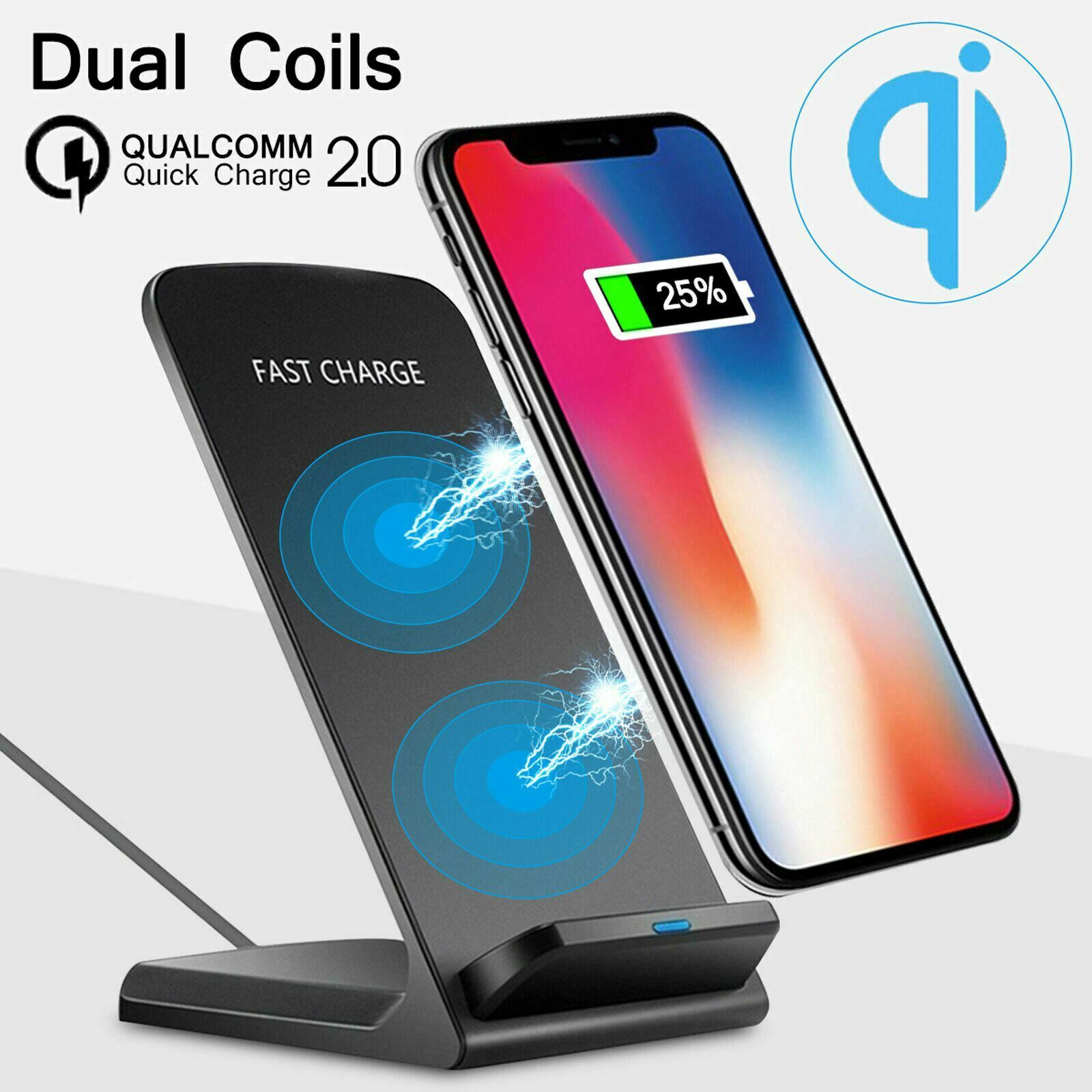 Quick Charge 2.0 10W Dual Coil Qi Wireless Charger Fast Charging Phone Dock Pad