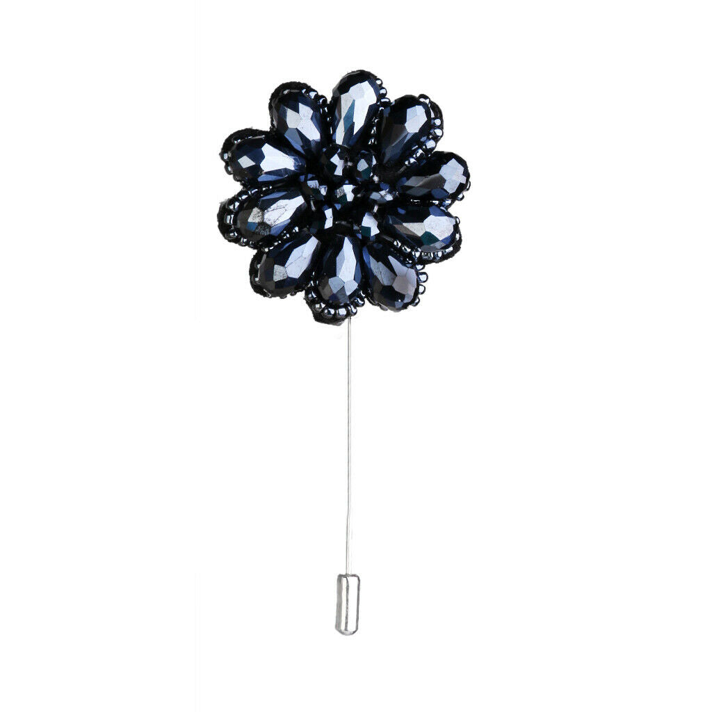 Crystal Beaded Flower Stick Brooch Tuxedo Corsage Tie Hat Pin Navy Blue