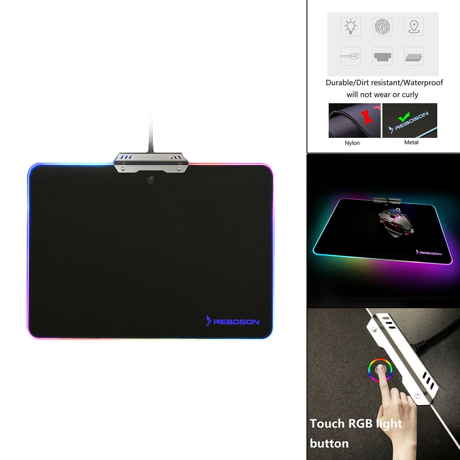 RGB Metal Mouse Pad Rubber Base Mouse Mat with Backlit Waterproof Surface