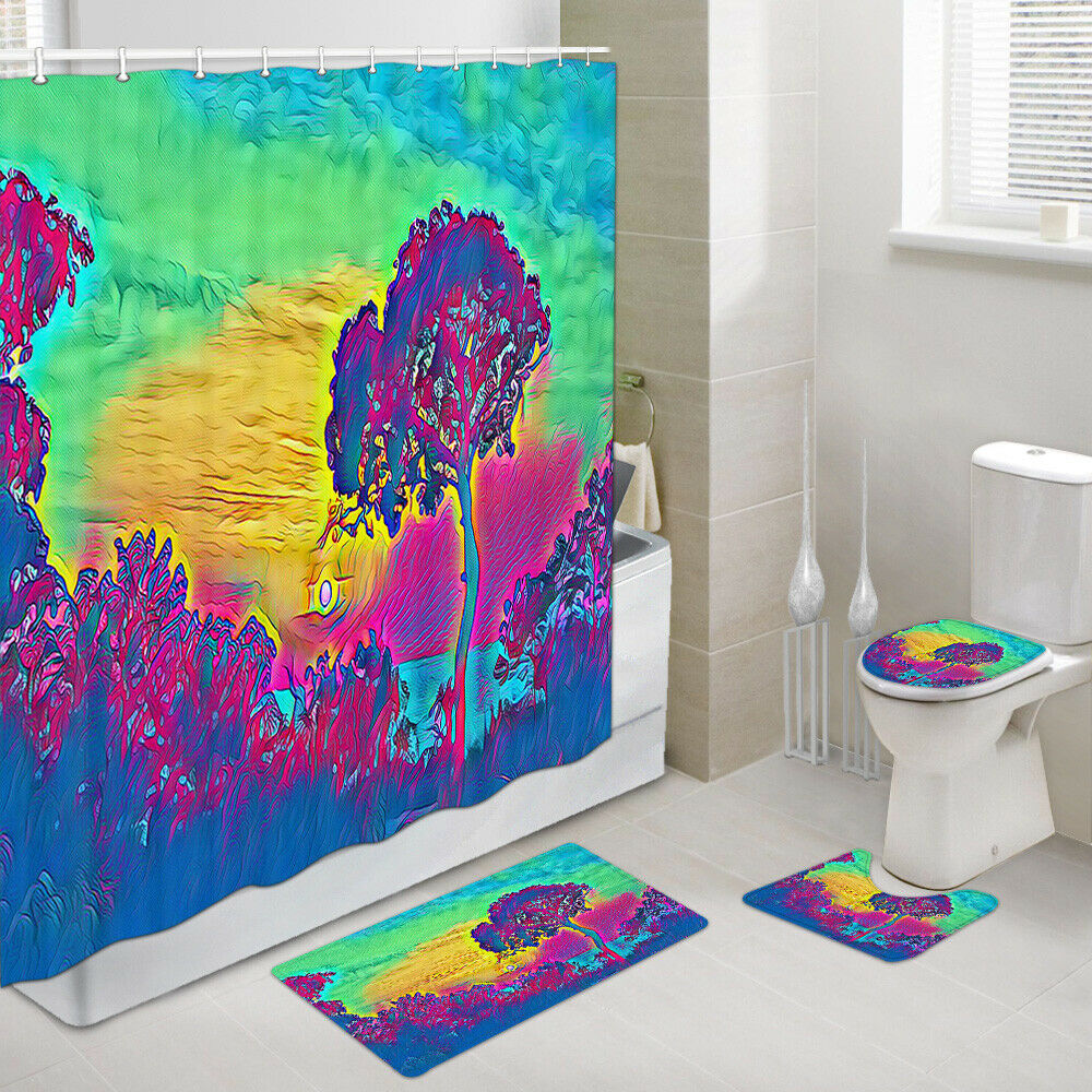 Oil Painting Waterside Sunset Shower Curtain Set Bath Rug Toilet Lid Seat Cover