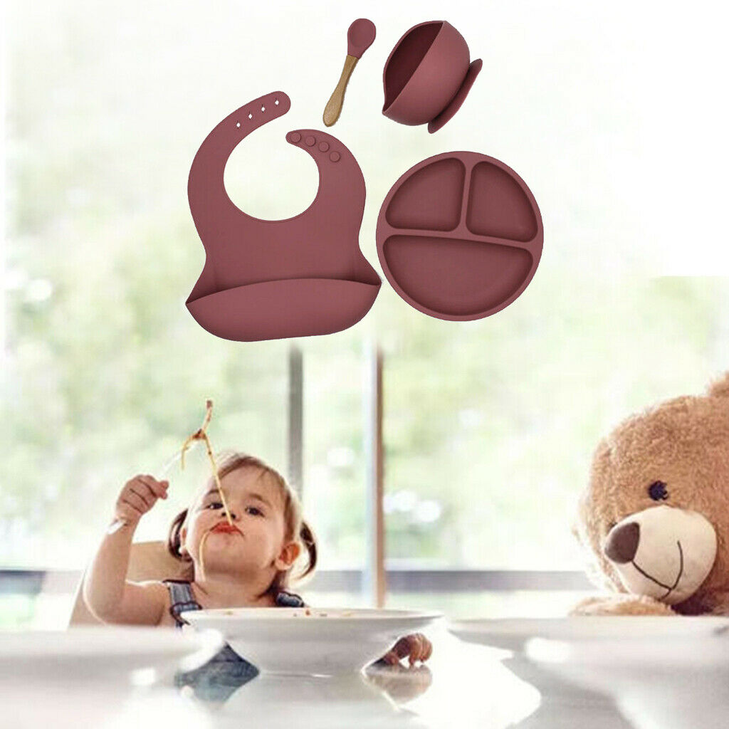 4pcs Baby Supplies with Plate Spoons Bib and Bowl Easily Wipe Clean Rose