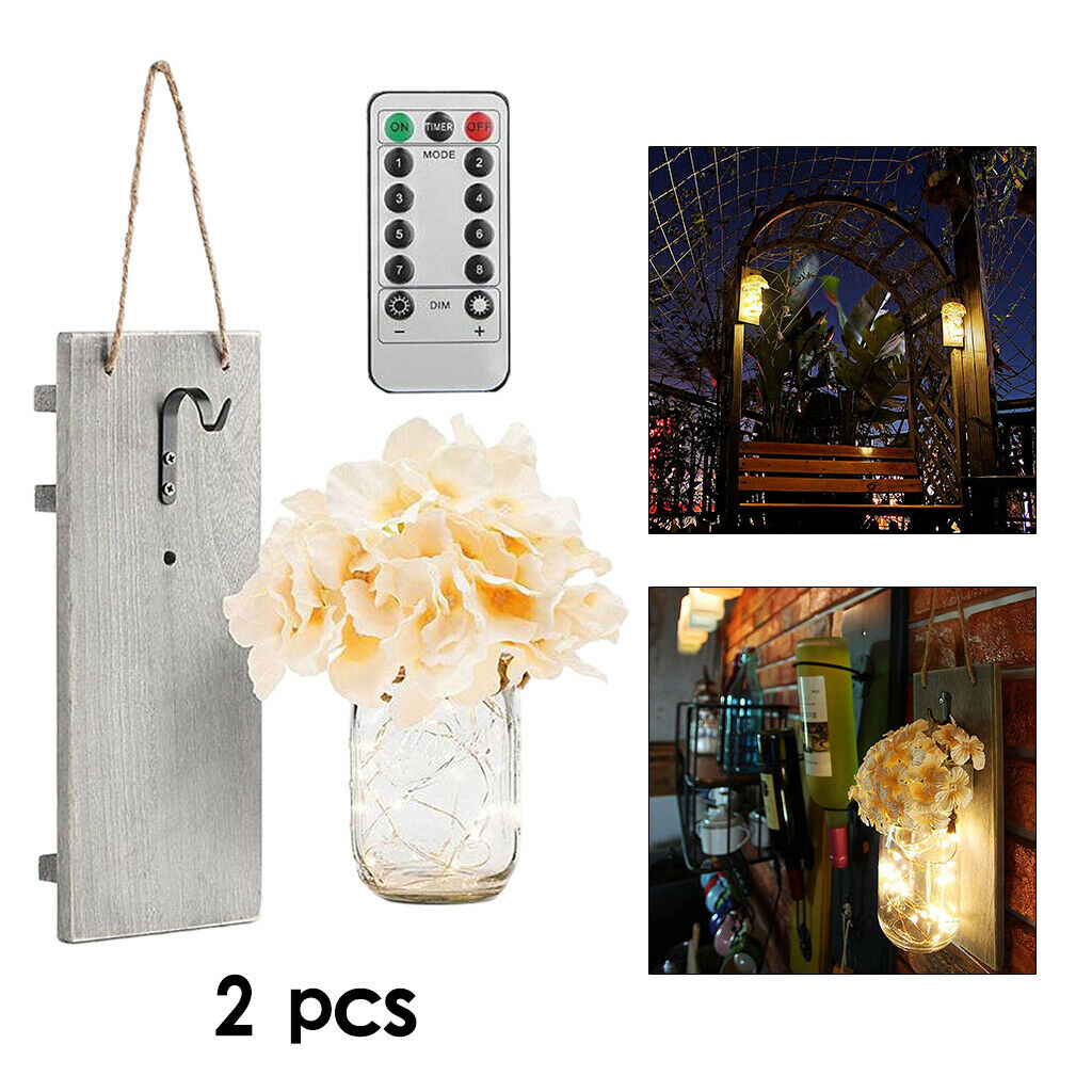 2Pcs Rustic Mason Jar Wall Sconce Fairy Light 20LEDs Remote Control Flower
