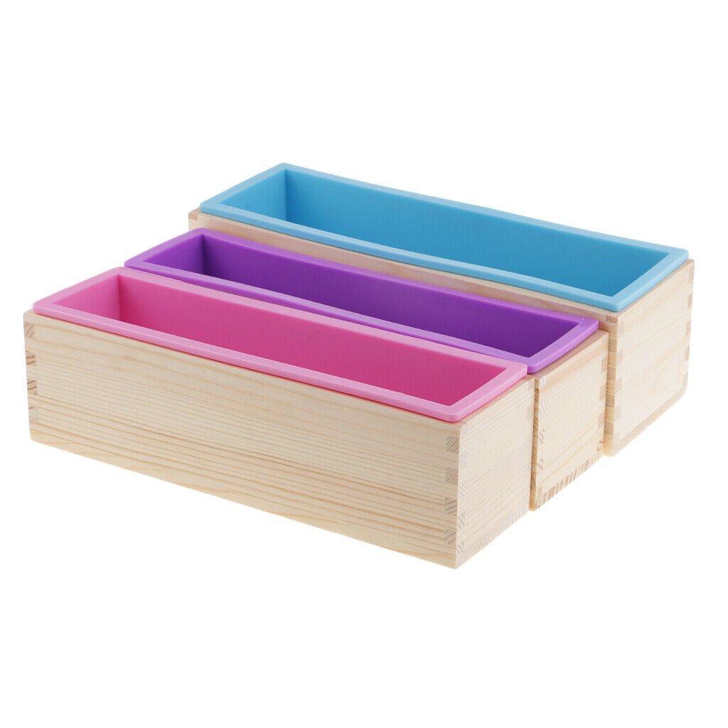 3pcs Rectangle Silicone Soap Loaf Mold with Wooden Box DIY Cake Bread Mould