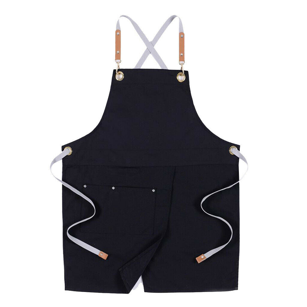 2Pcs Black Denim Apron Unisex Kitchen Bar Leather Cross Back Straps