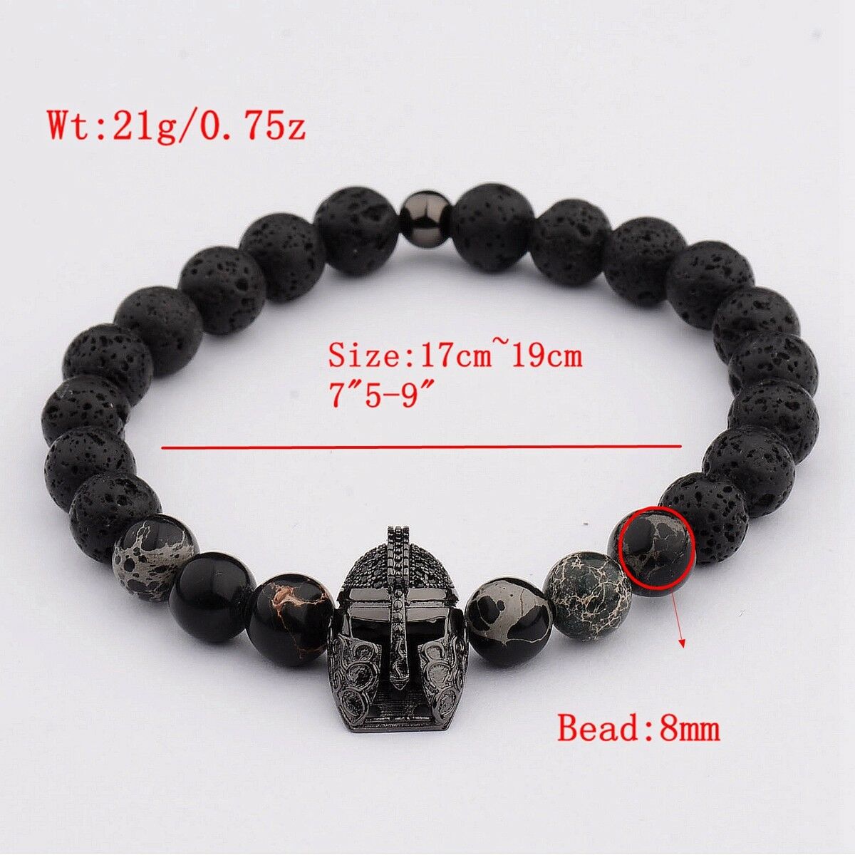 Fashion Men's Lava Stone Beaded Black Helmet Bracelets Spartan Knight Bangle