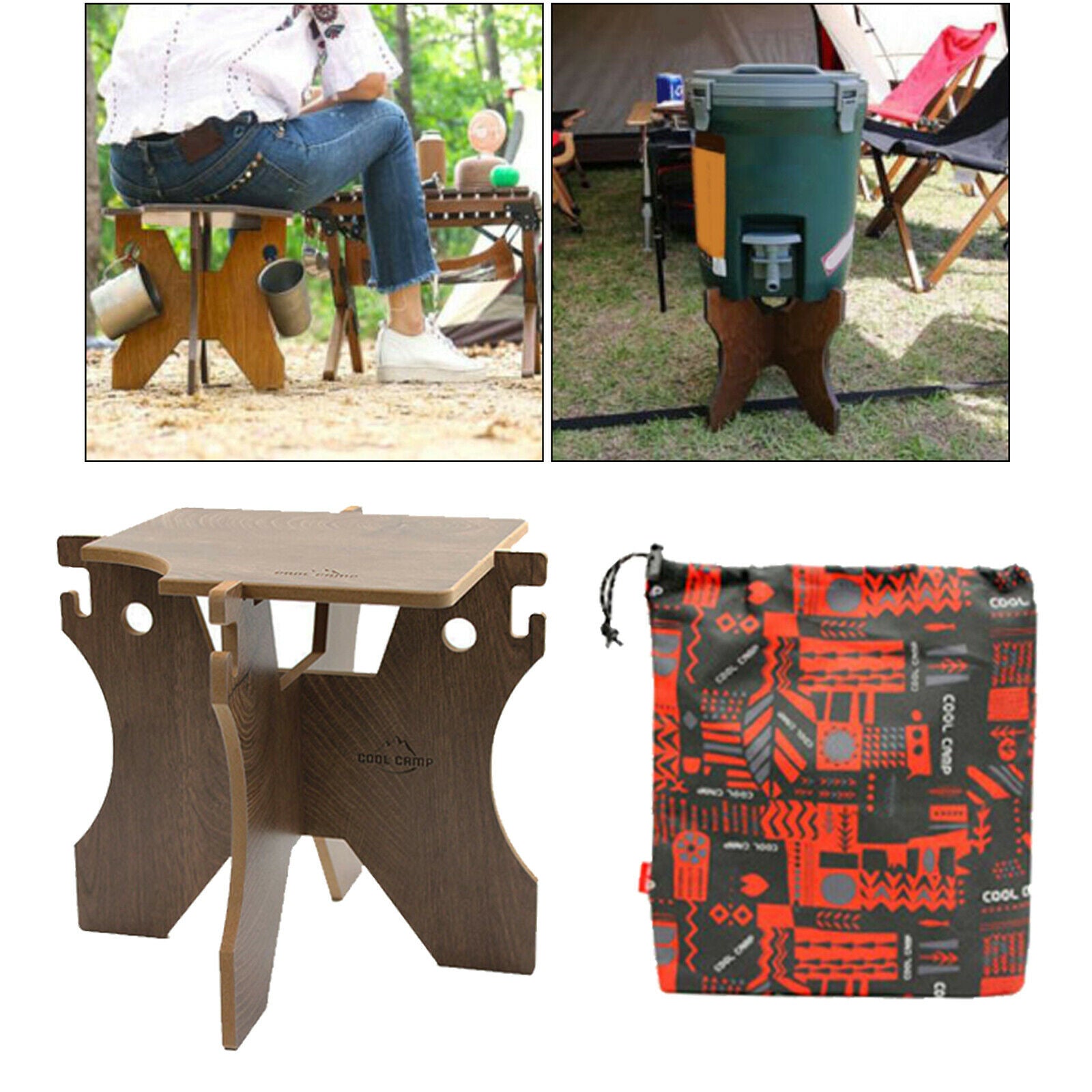 Camping Water Bucket Stand Wooden Bottles Holder BBQ Grill Folding Stool