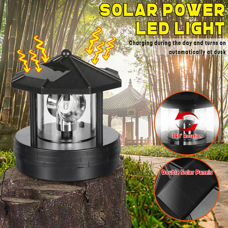 Solar Garden Ornament LED Powered Lighthouse Rotating Light House Outdoor Lamp