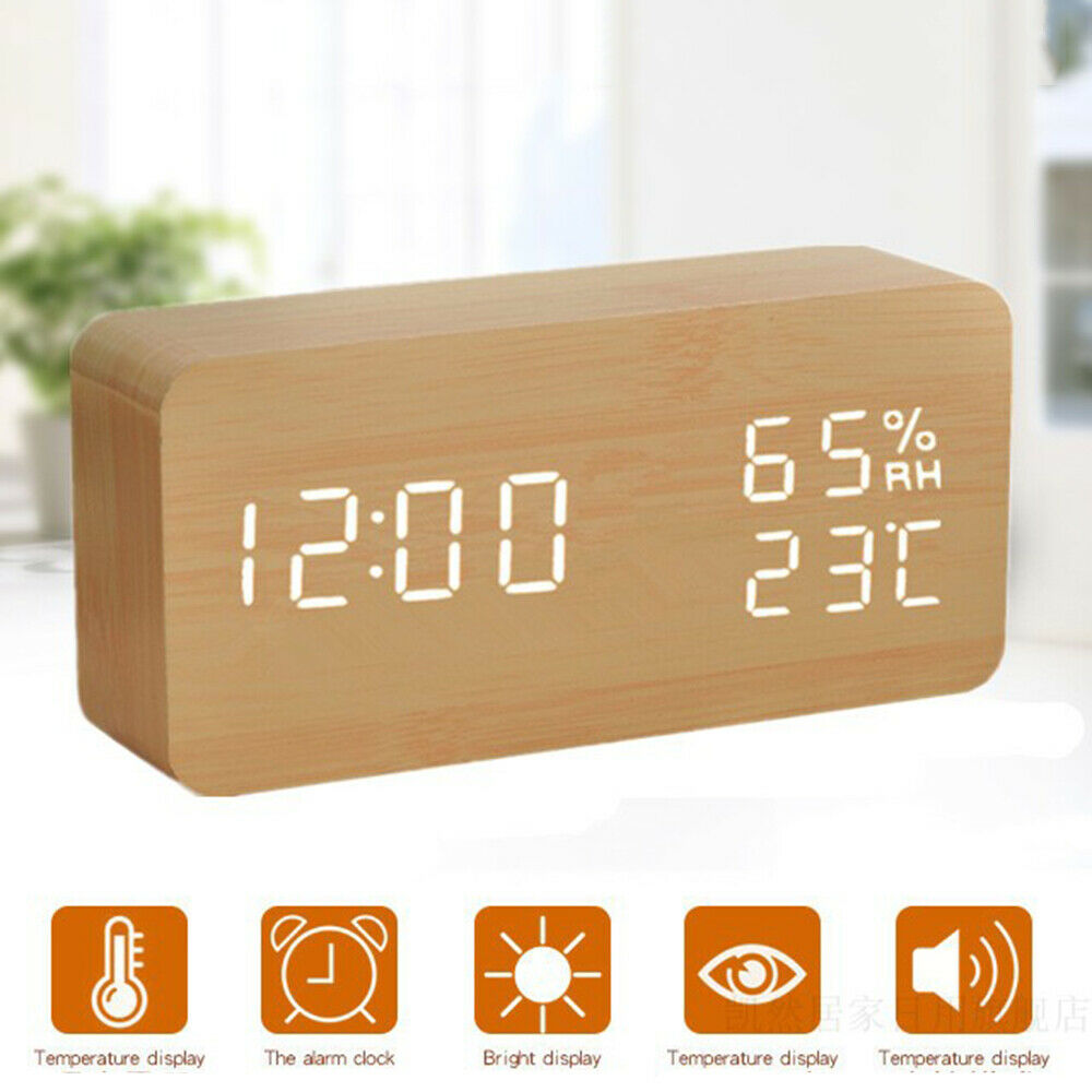 Digital Alarm Clock Wooden LED Temperature Electronic Voice Control Table Clocks