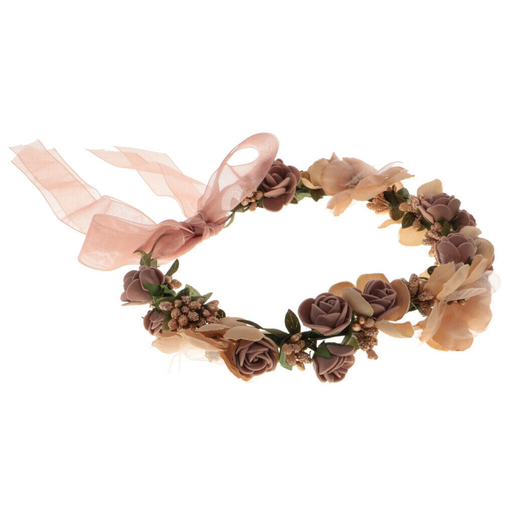 Boho Girl Floral Crown Flower Headband Hair Garland Wedding Headpiece Coffee