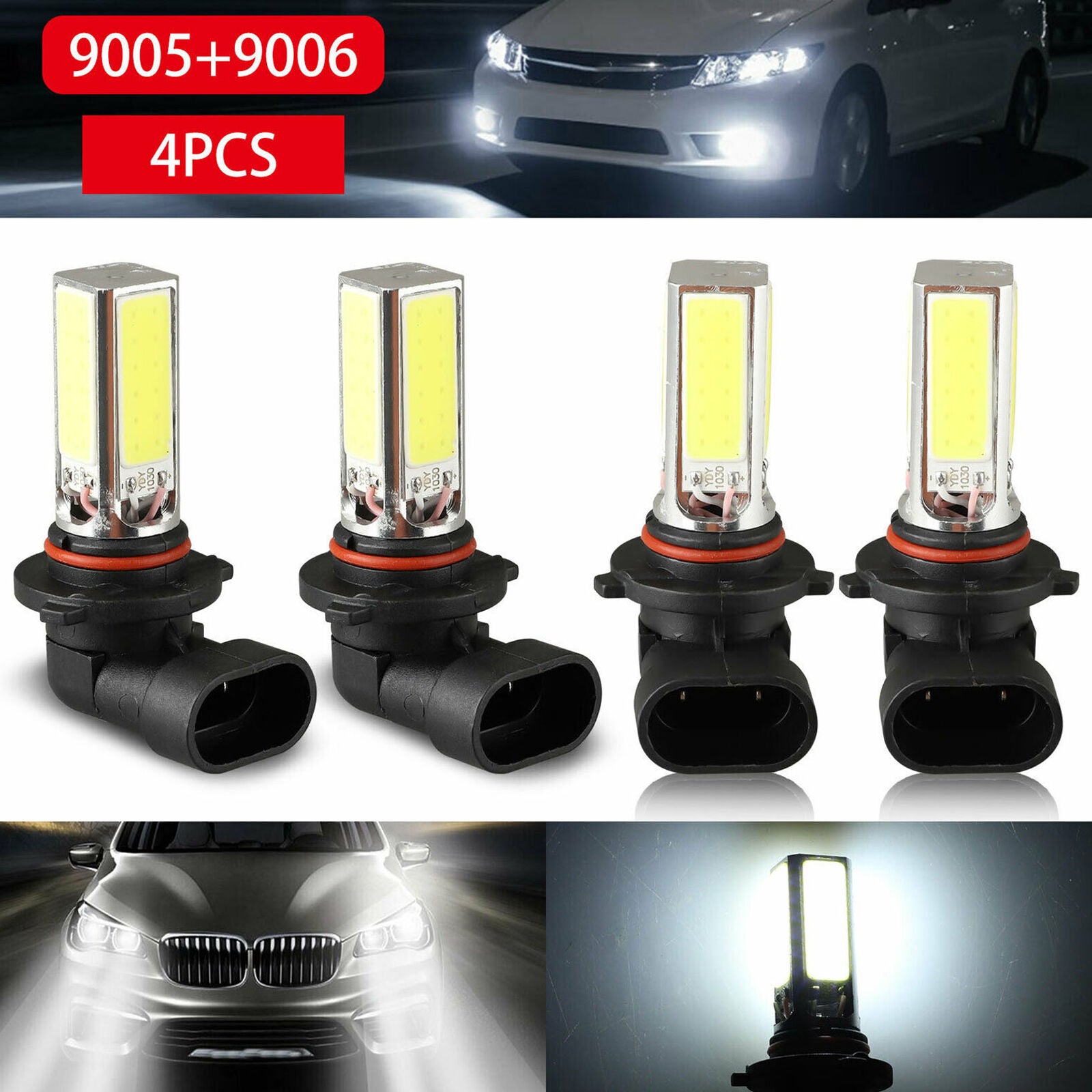 9005 9006 Combo 200W LED Headlight Bulb Kits High Low Beam Fog Light White 6000K