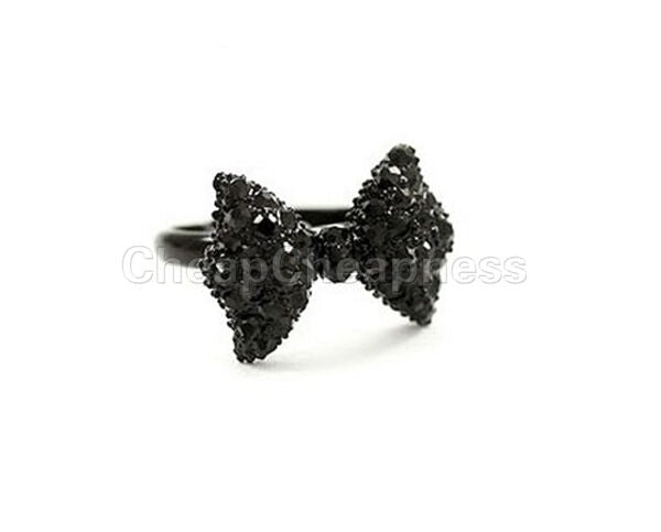 2X Black Rhinestone Crystal Bowknot Tie Ring Adjustable Bow Women Jewelry.l8