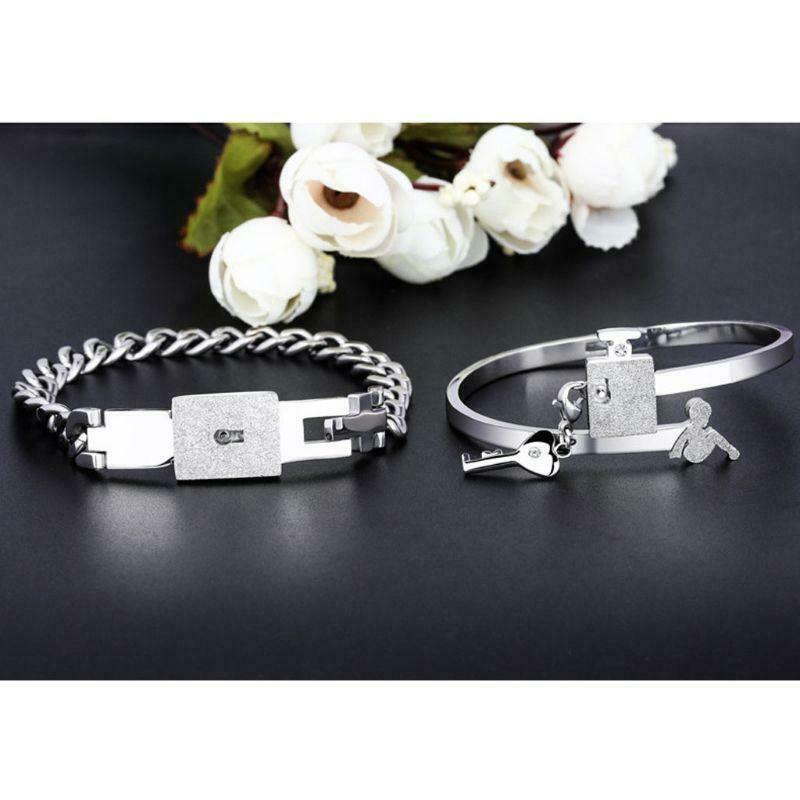 His Hers Love Heart Key Lock Macthing Bangle Bracelets  Lovers Jewelry Set Gifts