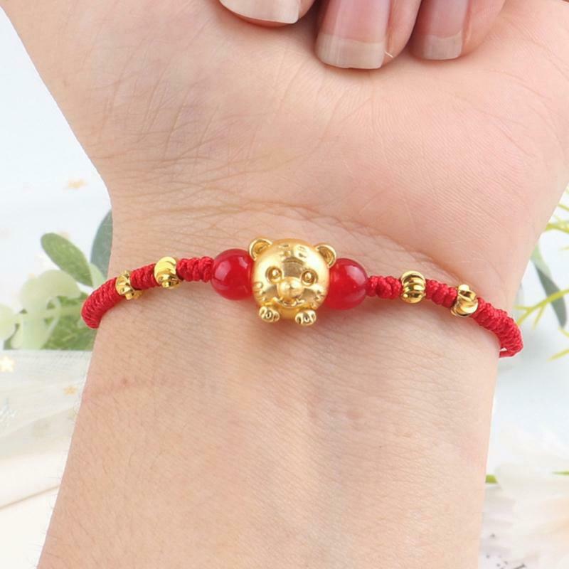 Tiger Pendant Hand Knotted Adjustable Charm Lucky Bracelet Ring for Men Women
