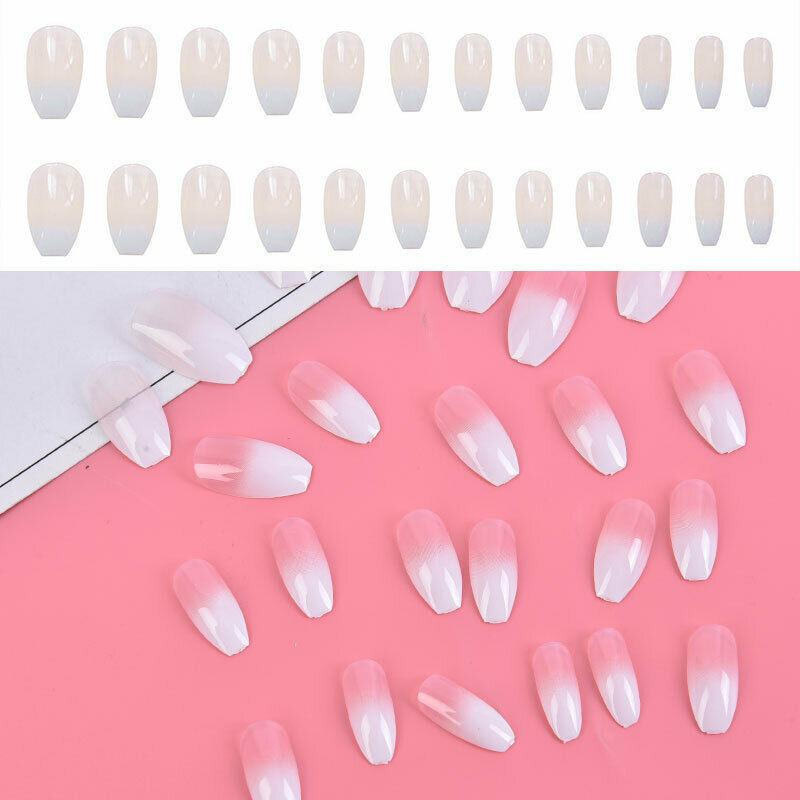 White Gradient French False Glue Nails Art Acrylic Full Cover Tips Manicure Kt