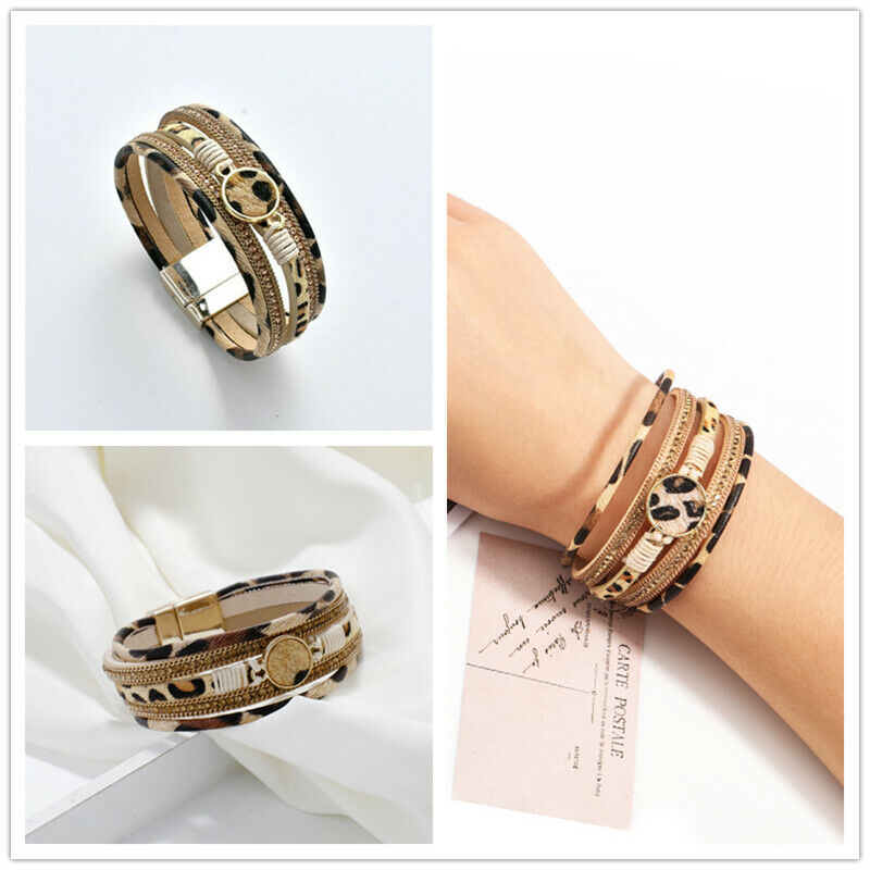 Unisex Animal Leopard Print Bracelet Wrap Multilay Magnetic Clasp Bangle Jewelry