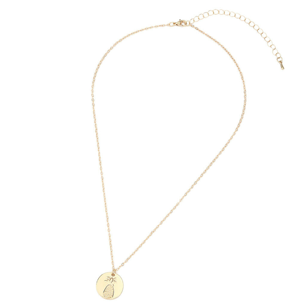 Cricle Disc Pendant Necklace Engraved Pineapple Design Sweater Necklace