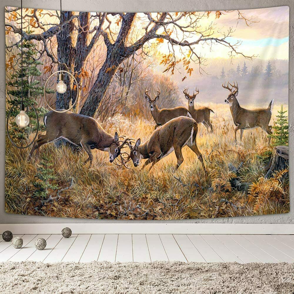 Animal Deer Tapestry, Wildlife Theme Elk Herd in Fall Forest Tapestry 4.5x1.6m
