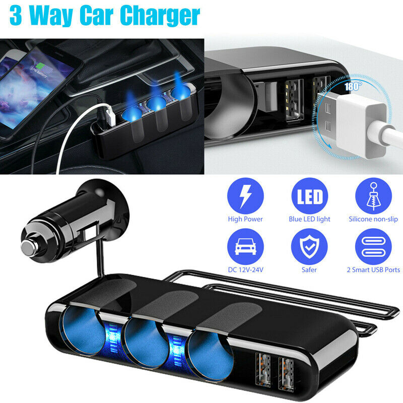 3Way 12/24V Charger Dual USB Car Cigarette Lighter Socket Power Adapter Splitter