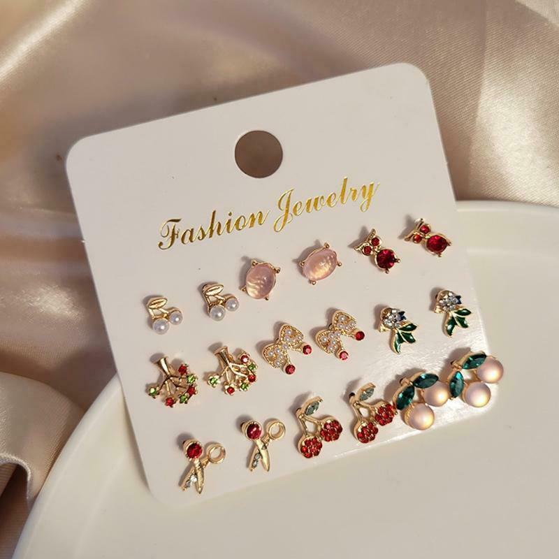 Cute Earrings Stud Alloy 18 Pcs/9 Pairs Assorted Style Scissor Cherry Shaped Ins