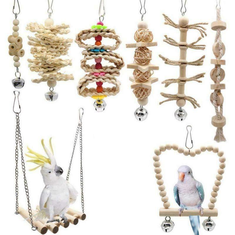 8 Pcs/set Bird Parrot Swing Chew Toys Natural Wood Hanging Bell Birds Cage Decor