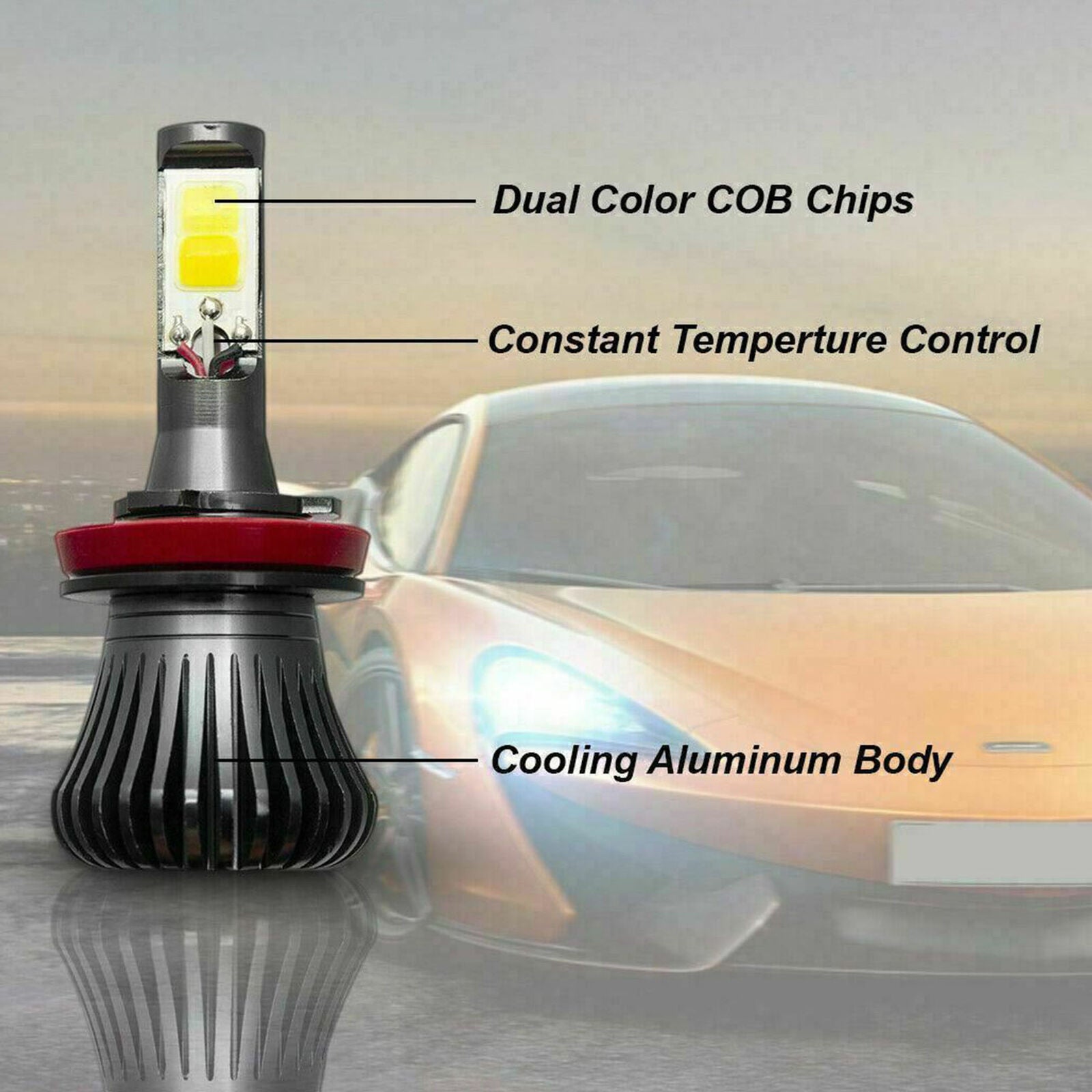 2pcs LED H11 H8 H9 COB Bulbs White/Yellow Dual Color Car Fog Light Kit DRL Lamps